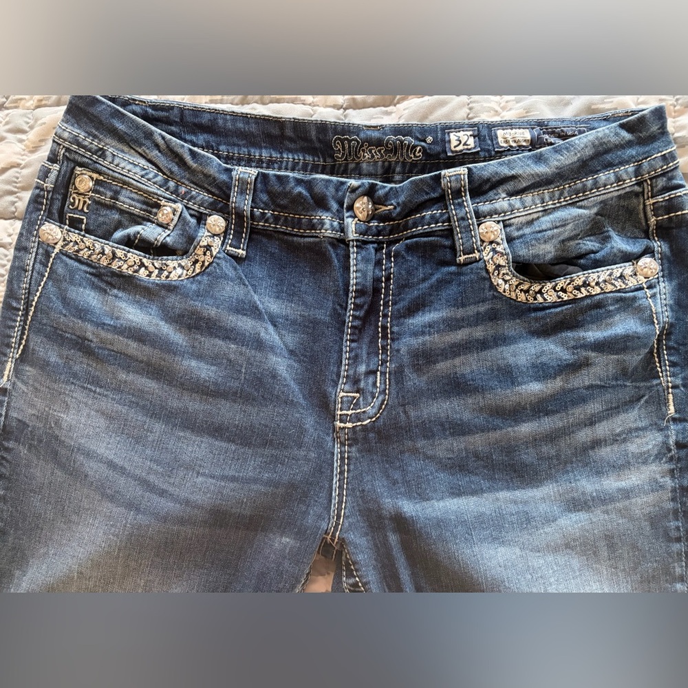Miss Me Distressed Light Blue Denim Jeans with Embroidered Waist